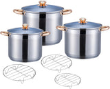 3 OLLAS VAPORERAS CON REJILLA 9L, 11.1L Y 13.5L ACERO INOX